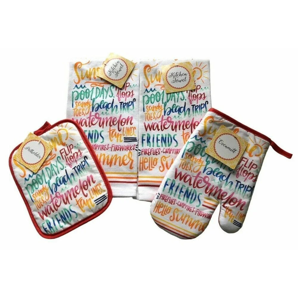 Summer Words Flip Flops Kitchen Dish Towels Oven Mitt Potholder Beach Set of 4